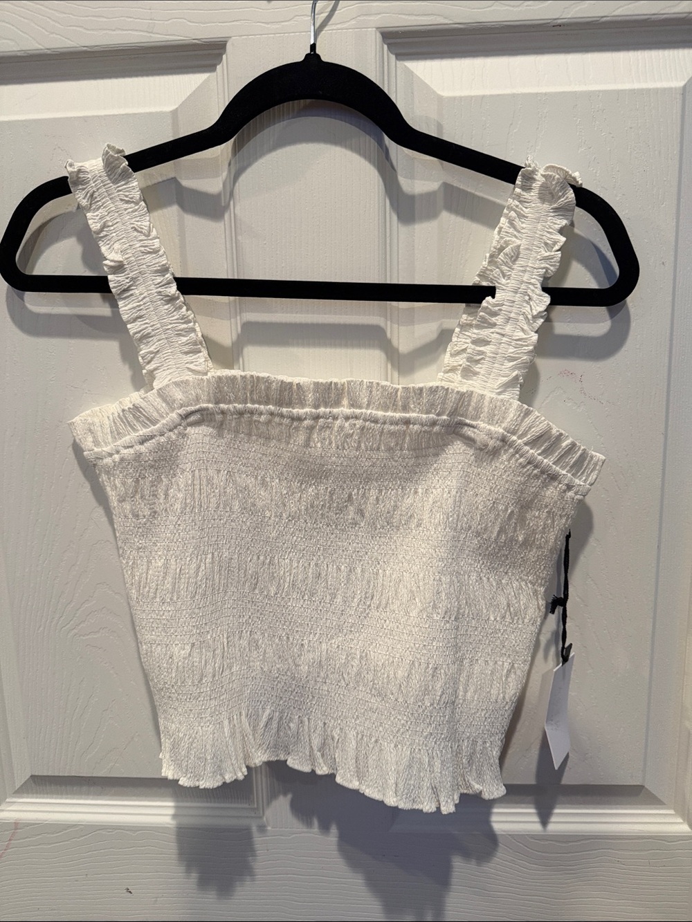 Astr White Smocked Ruffle Strap Crop Top